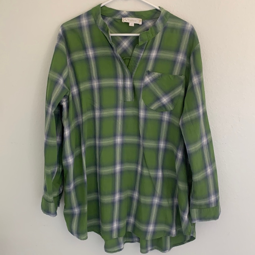 Weekend Susan Betro Blue Green White Plaid Shirt Size 2X EUC